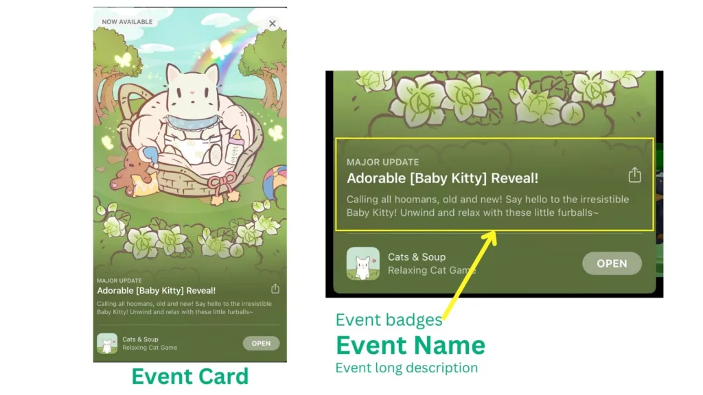 An event card includes the event name, event badge, and description of the event, to give an overall event idea to the users.
